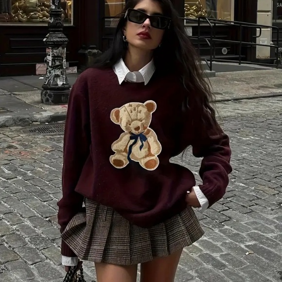 unbranded Sweaters - New Women's Burgundy Adorable Graphic Teddy Bear Knit Sweater Soft & Cozy XXL